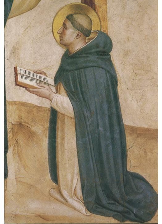 Saint Thomas d’Aquin en habit dominicain, agenouillé, tenant un livre ouvert — fresque